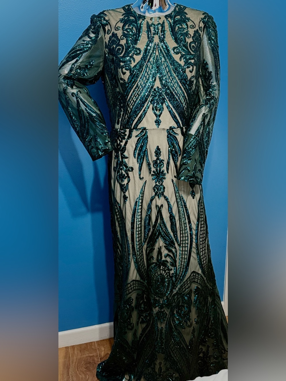 Teal Embellished Evening Dress - Women